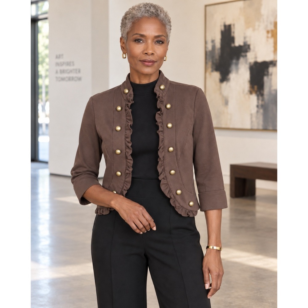 Studio Petite Brown Military Style Waist-Length Cropped Cotton Jacket PS Studs